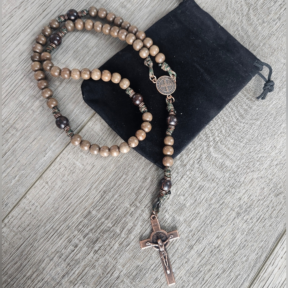Handmade St Benedict Wood & Paracord Rosary Copper Accents
